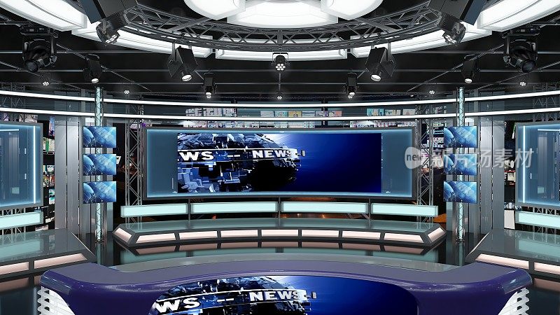 虚拟电视演播室新闻集1.2-4绿幕背景。3 d渲染。